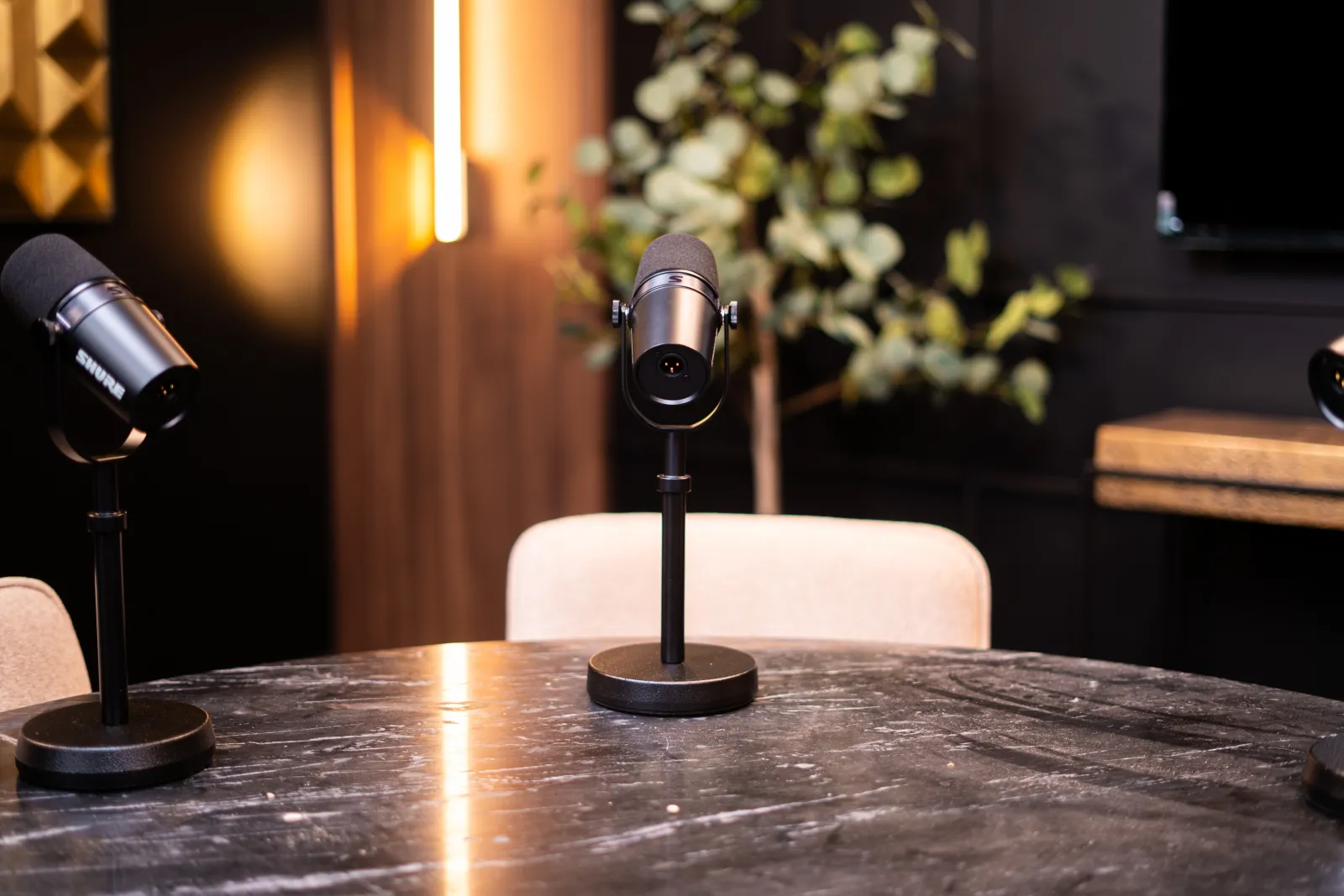 Micro et écran du studio Board Room en gros plan